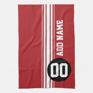 Red Black Racing Stripes Custom Name Number Tea Towel