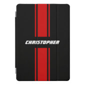 Red Black Racing Stripes Stylish Name Monogrammed iPad Pro Cover (Front)