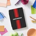 Red Black Racing Stripes Stylish Name Monogrammed iPad Pro Cover<br><div class="desc">Create your own custom, personalised, cool, classy, stylish, classic, red and black racing stripes design, white typography / script monogram, trendy, magnetic iPad smart cover that folds into multiple stand positions and features grey microfiber interior that helps protect your screen, and wake / sleep function. To customise, simply type in...</div>