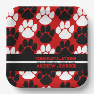 Red & Black Repeating Pawprint Personalised Paper Plate