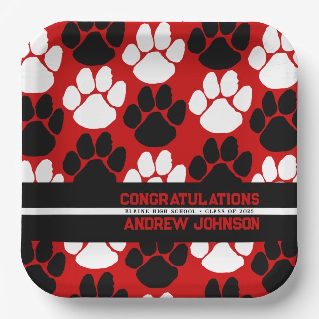 Red & Black Repeating Pawprint Personalised Paper Plate (Front)