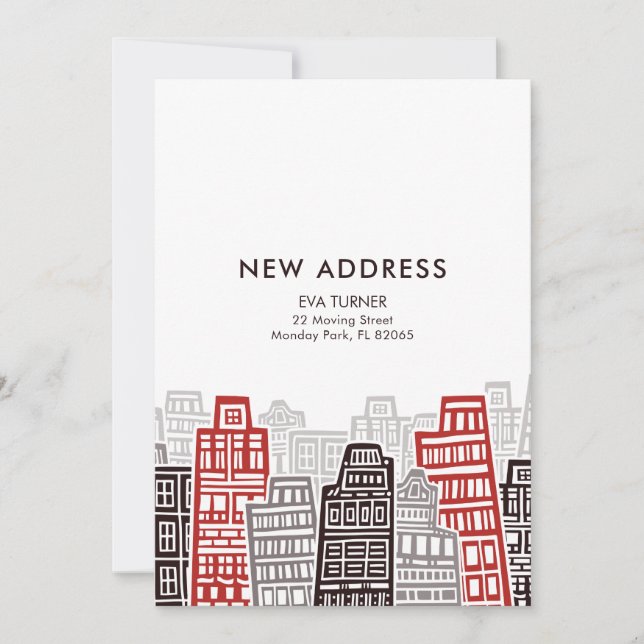 Red & Black Retro Buildings New Address card (Front)