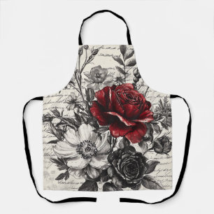 Red Black Rose Antique Manuscript Flowers Apron