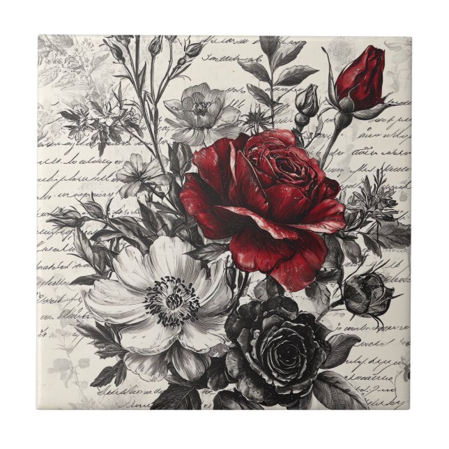 Red Black Rose Antique Manuscript Flowers Ceramic Tile (Front)