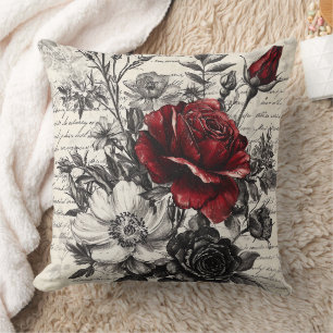 Red Black Rose Antique Manuscript Flowers Cushion
