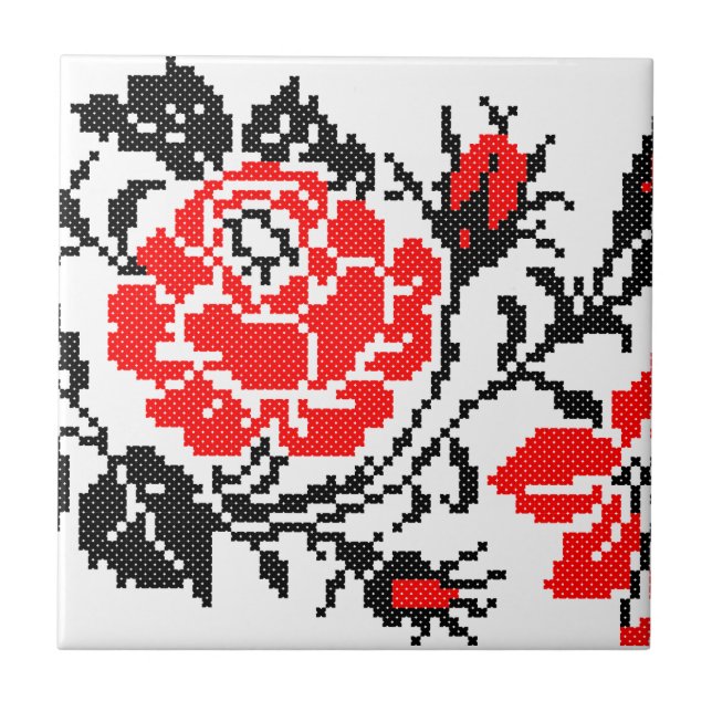 Red&Black Rose cross-stitch Russian Pattern Ceramic Tile (Front)