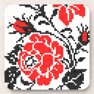 Red&Black Rose cross-stitch Russian Pattern Coaster