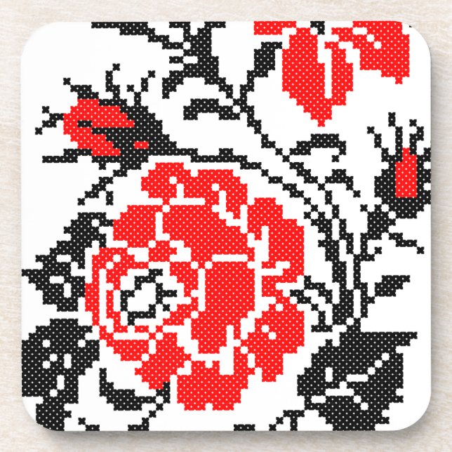 Red&Black Rose cross-stitch Russian Pattern Coaster (Front)