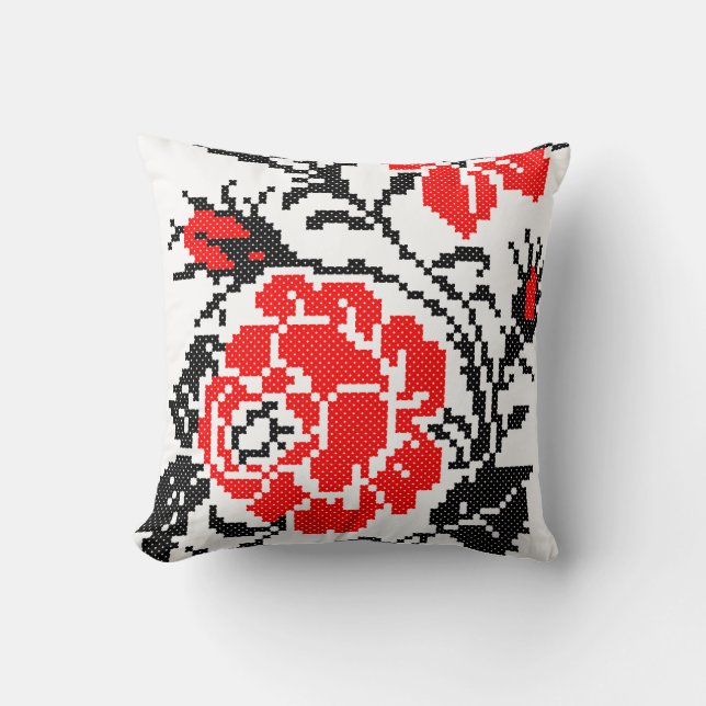 Red&Black Rose cross-stitch Russian Pattern Cushion (Front)