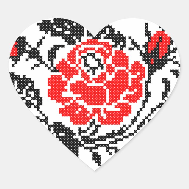 Red&Black Rose cross-stitch Russian Pattern Heart Sticker (Front)