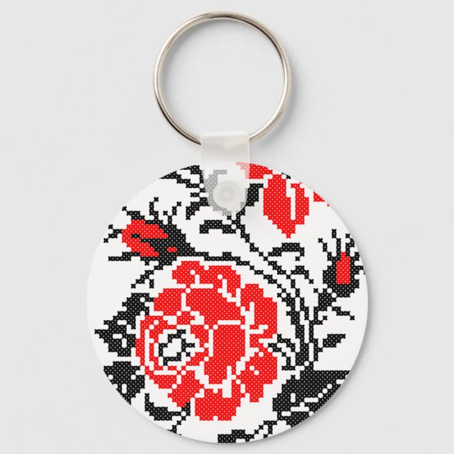 Red&Black Rose cross-stitch Russian Pattern Key Ring (Front)