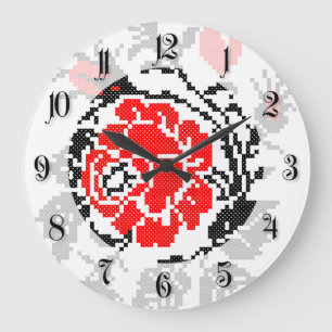 Red&Black Rose cross-stitch Russian Pattern Large Clock