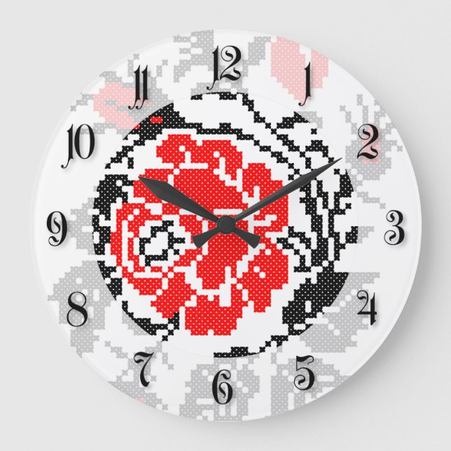 Red&Black Rose cross-stitch Russian Pattern Large Clock (Front)