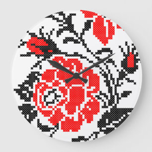 Red&Black Rose cross-stitch Russian Pattern Large Clock