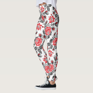 Red & Black Rose cross-stitch Russian Pattern Leggings
