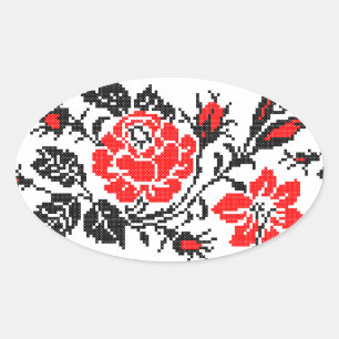 Red&Black Rose cross-stitch Russian Pattern Oval Sticker