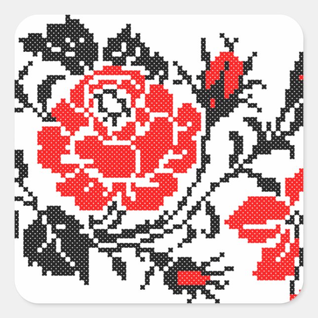 Red&Black Rose cross-stitch Russian Pattern Square Sticker (Front)