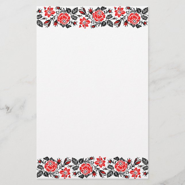 Red&Black Rose cross-stitch Russian Pattern Stationery (Front)