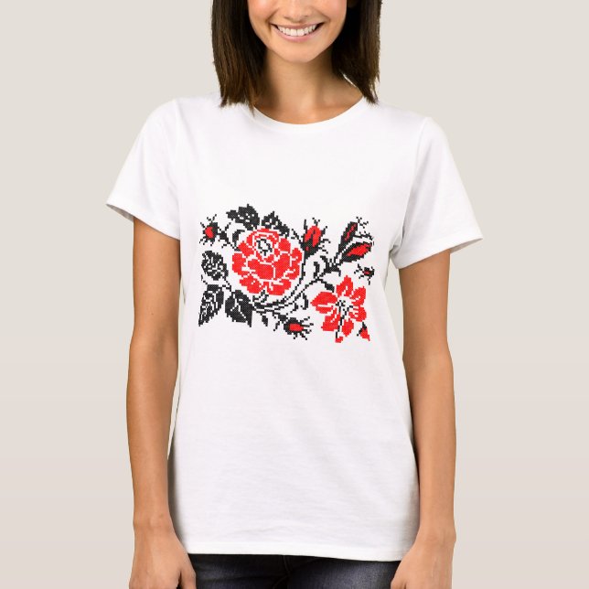 Red&Black Rose cross-stitch Russian Pattern T-Shirt (Front)
