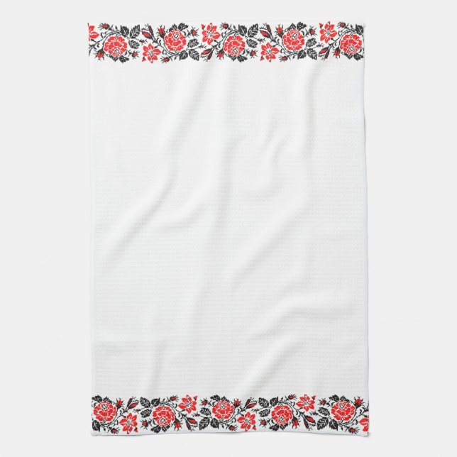 Red&Black Rose cross-stitch Russian Pattern Tea Towel (Vertical)