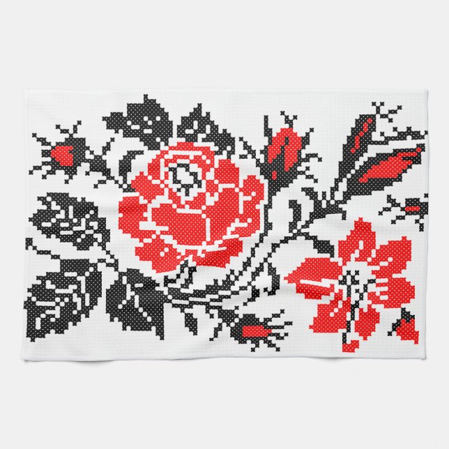 Red&Black Rose cross-stitch Russian Pattern Tea Towel (Horizontal)