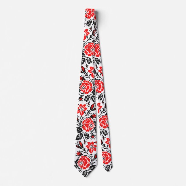 Red&Black Rose cross-stitch Russian Pattern Tie (Front)
