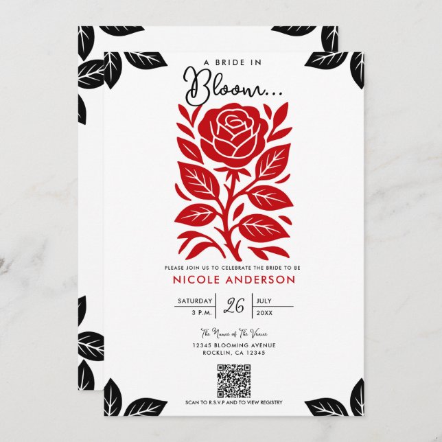 Red & Black Rose Floral Bridal Shower Invitation (Front/Back)