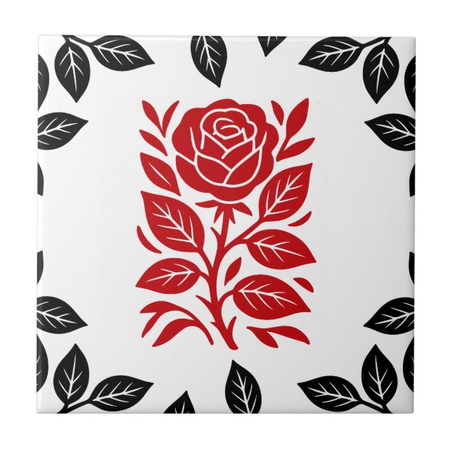 Red & Black Rose Floral Modern Minimal Glam Ceramic Tile (Front)