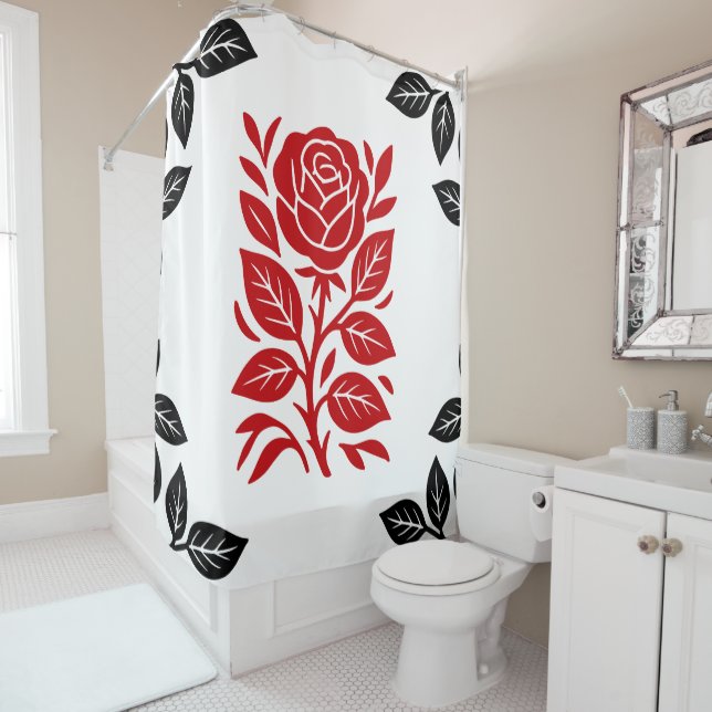 Red & Black Rose Floral Modern Minimal Glam Shower Curtain (In Situ)