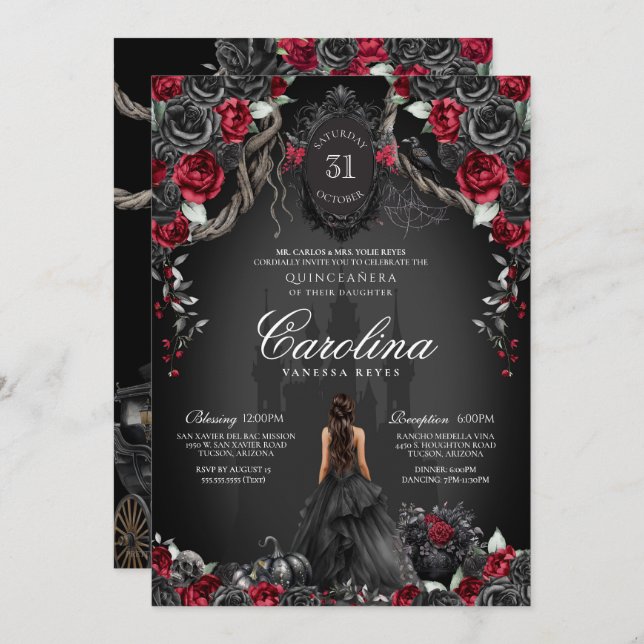 Red Black Rose Gothic Haunted Castle Quinceanera Invitation (Front/Back)