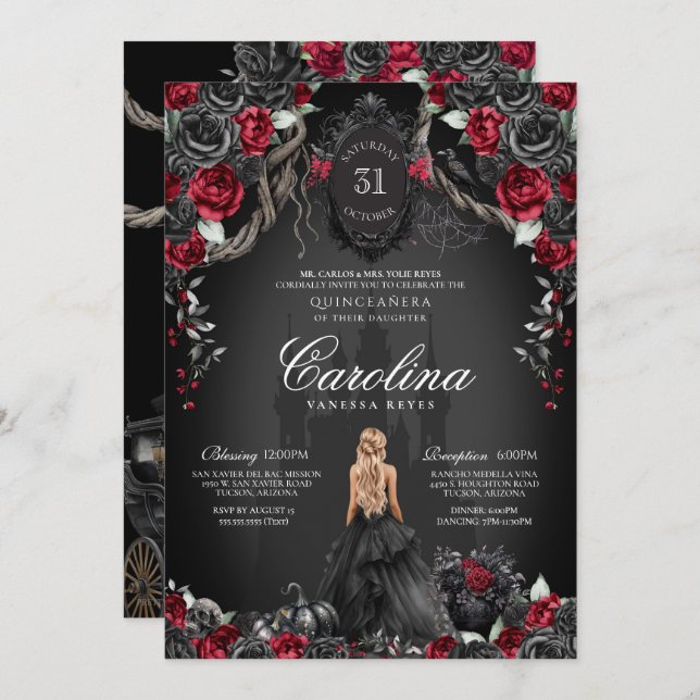 Red Black Rose Gothic Haunted Spooky Quinceanera Invitation (Front/Back)
