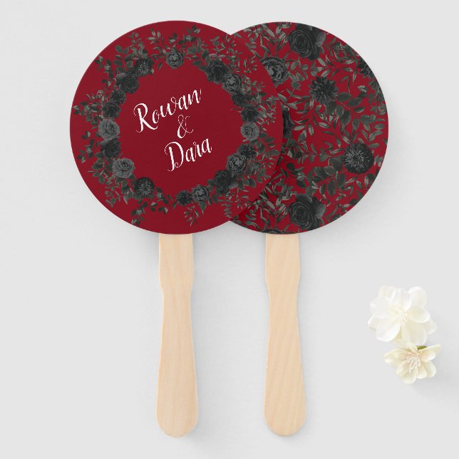 Red Black Rose Gothic Wedding Hand Fan (Front and Back)