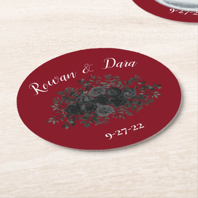 Red Black Rose Gothic Wedding Round Paper Coaster (Angled)
