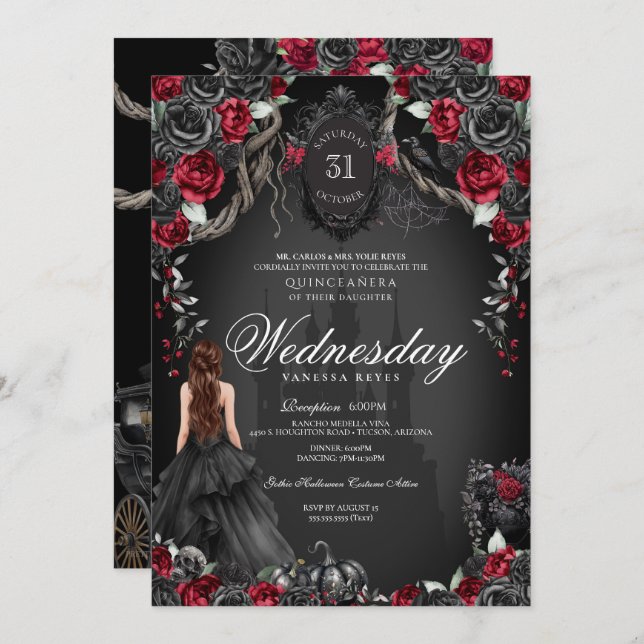 Red & Black Rose Quinceañera Halloween Gothic Invitation (Front/Back)