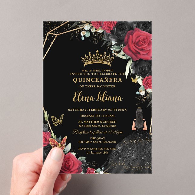 Red Black Roses Floral Dress Gold Quinceañera XV Acrylic Invitations (Insitu (Handheld))