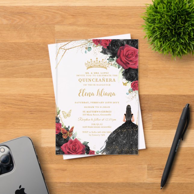 Red Black Roses Floral Dress Gold Quinceañera XV Acrylic Invitations (Insitu (Invitation Card))