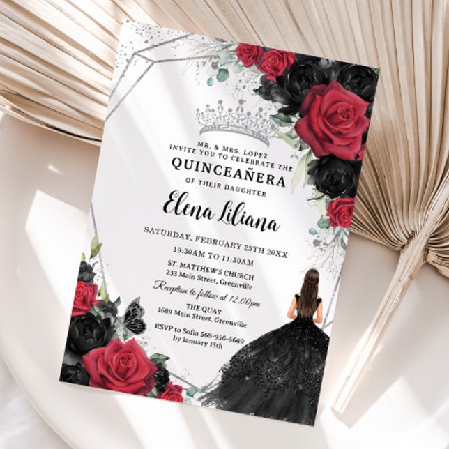 Red Black Roses Floral Dress Silver Quinceañera Invitation (Creator Uploaded)