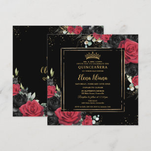 Red Black Roses Floral Gold Quinceanera Sweet 16 Invitation