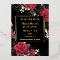 Red Black Roses Floral Quinceanera Save the Date