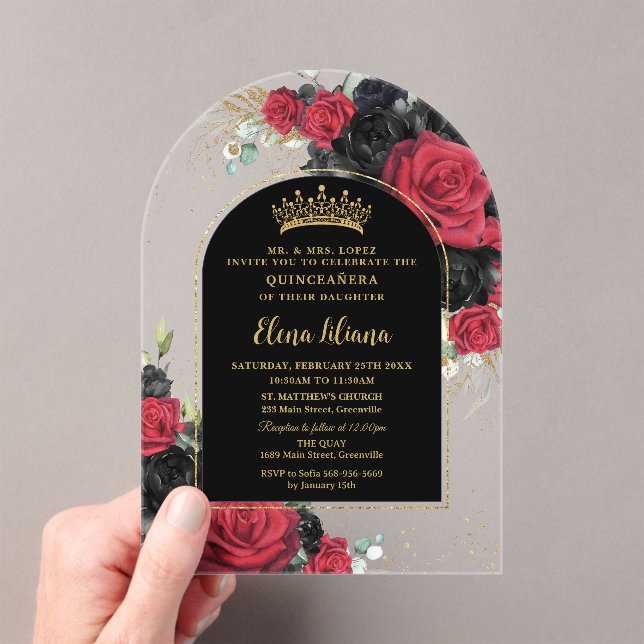 Red Black Roses Floral Quinceanera Sweet 16 Arch Acrylic Invitations (Insitu (Handheld))