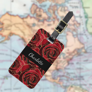 Red black roses flowers luggage tag