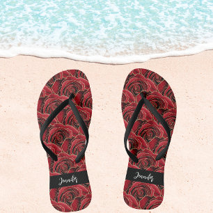 Red black roses flowers name script thongs