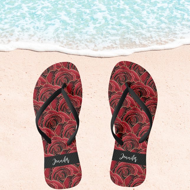 Red black roses flowers name script thongs (Creator Uploaded)