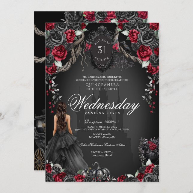 Red Black Roses Quinceañera Halloween Gothic Invitation (Front/Back)