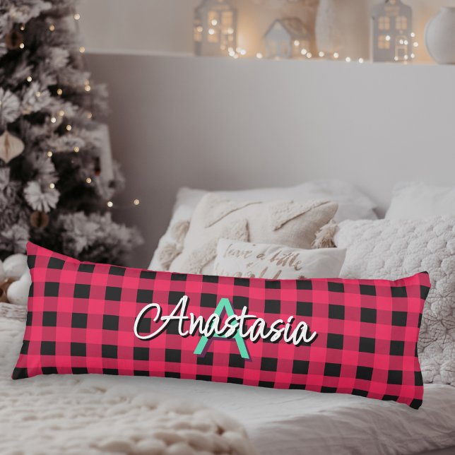 Red Black Rustic Buffalo Check Plaid Monogrammed Body Cushion (A monogrammed body pillow in red and black buffalo check)