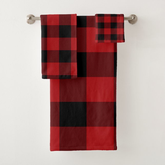 Red Black Rustic Buffalo Plaid Chequered Bath Towel Set (Insitu)