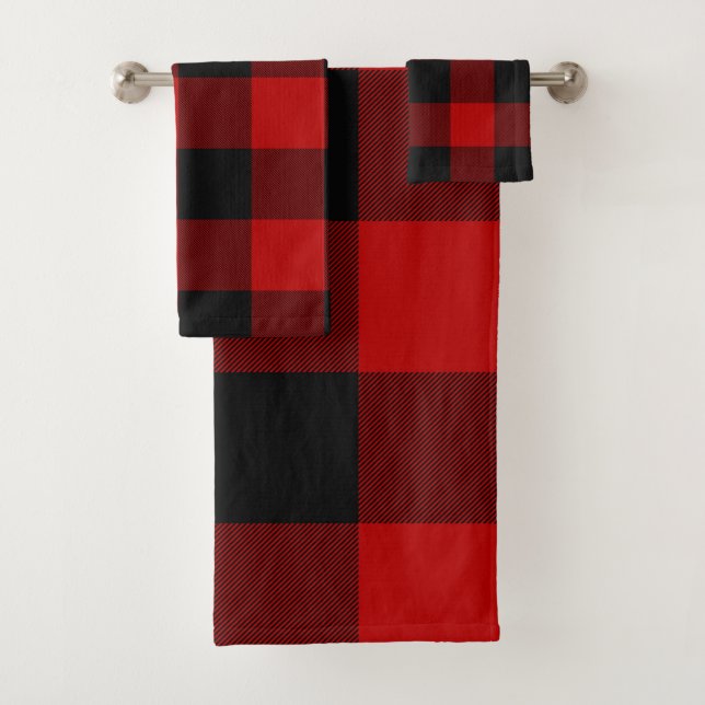Red Black Rustic Buffalo Plaid Chequered Checks Bath Towel Set (Insitu)