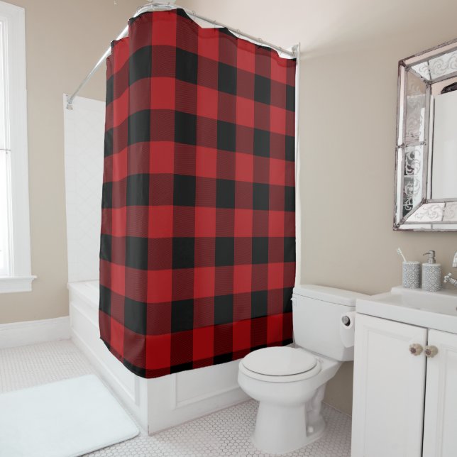 Red Black Rustic Buffalo Plaid Chequered Shower Curtain (In Situ)