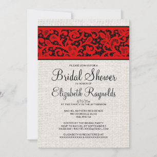 Red Black Rustic Burlap Linen Bridal Shower Invite