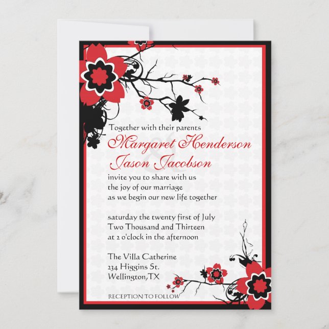 Red & Black Sakura Cherry Blossoms Wedding Invite (Front)